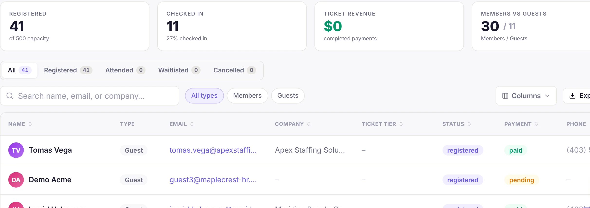 An event registrant list from the MemberRun product on demo data: registered, checked in, members versus guests, filters and a table of guests